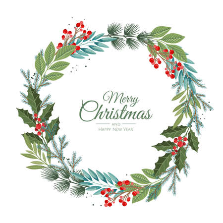 Merry Christmas and New Year Card with Pine Wreath, Mistletoe, Winter plants design illustration for greetings, invitation, flyer, brochure.のイラスト素材