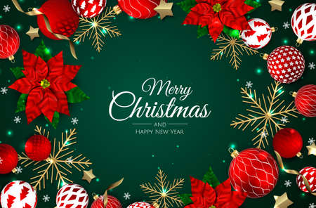 Merry Christmas and Happy New Year. Xmas background with realistic red balls. Levitation falling design composition.のイラスト素材