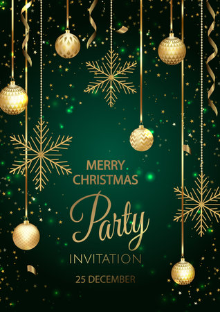 Merry Christmas Party invitation. Happy New Year card Decoration. Winter background. Seasonal holidays.のイラスト素材