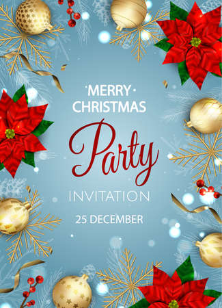 Christmas party invitation with balls and gold snowflakesのイラスト素材