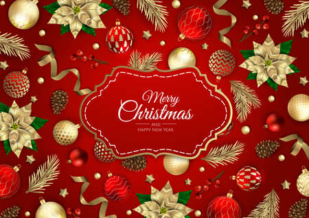 Merry Christmas and Happy New Year. Xmas Festive background with realistic 3d objects, white and gold balls.のイラスト素材