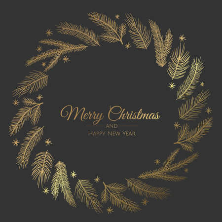 Merry Christmas and New Year Card with Pine Wreath, Mistletoe, Winter plants design illustration for greetings, invitation, flyer, brochure.のイラスト素材
