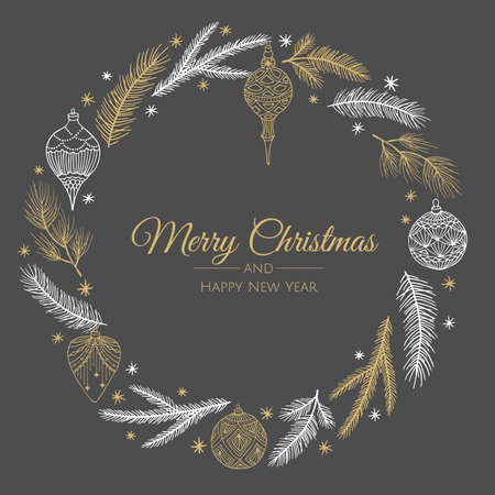 Christmas wreath with pine branches, berries, Christmas flowers and other holiday elementsのイラスト素材