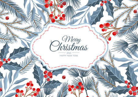 Merry Christmas and New Year Cards with Winter plants design illustration for greetings, invitation, flyer, brochure.のイラスト素材