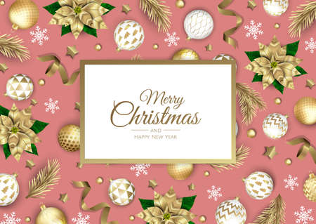 Merry Christmas and Happy New Year background. Christmas holiday card with fir tree, snowflakes, ballsのイラスト素材