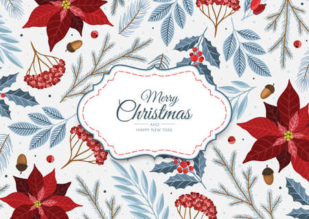 Christmas greeting cards with christmas florals and winter objectsのイラスト素材