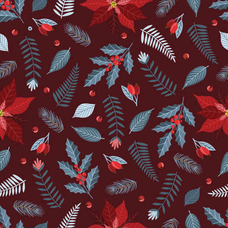 Seamless pattern with Christmas Tree Decorations, Pine Branches, poinsettia, berries.のイラスト素材