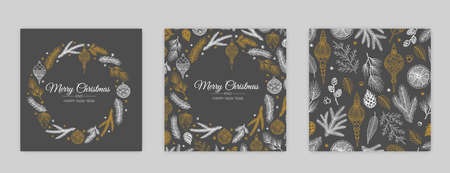 Merry Christmas artistic templates. Corporate Holiday cards and invitations. Floral frames and backgrounds design.のイラスト素材