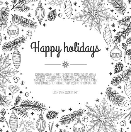 Merry Christmas and Happy New Year greeting card. Christmas holiday background with fir tree, snowflakes, balls.のイラスト素材