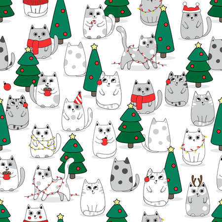 Christmas Seamless pattern background cute kittens in snow for winter. Doodle styleのイラスト素材