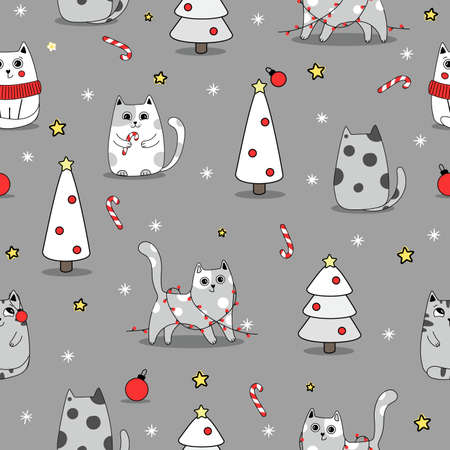 Seamless pattern background cute cat in snow for winter. Doodle styleのイラスト素材