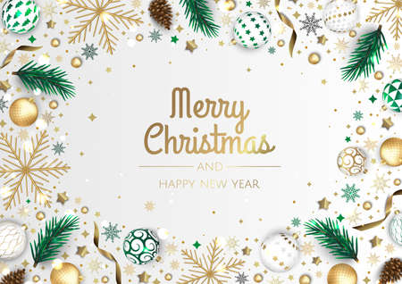 Christmas and New Year background. Bright Winter holiday composition. Greeting card, banner, posterのイラスト素材