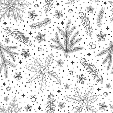 Winter seamless pattern with Christmas tree branches and berries. Vector illustration backgroundのイラスト素材