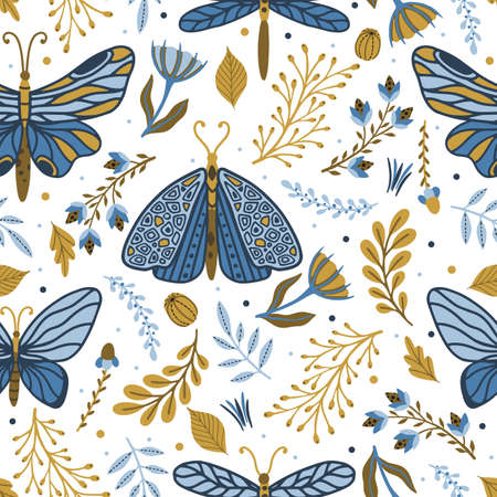 Vector seamless pattern with summer herbs and butterfliesのイラスト素材