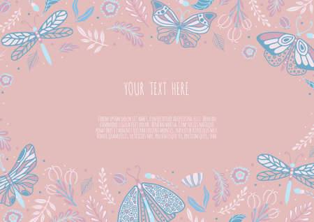 Frame with butterflies. Hand drawn colorful moth and insects. Design for packaging, label and greeting card.のイラスト素材