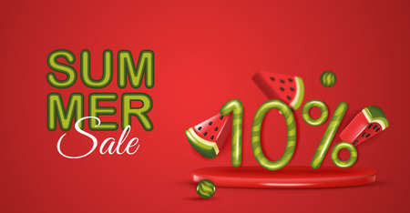 Summer sale poster with 3d slices of watermelon on red background. Summer watermelon background.のイラスト素材