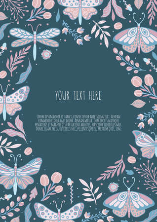 Floral frame with butterflies. Design for packaging, label and greeting card.のイラスト素材