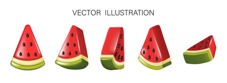 Set of 3d slices of watermelon on white background. Summer watermelon realistic style.のイラスト素材