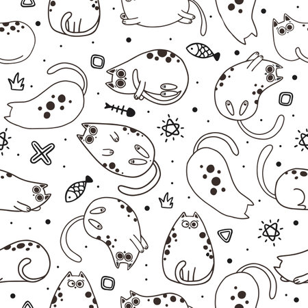 Cute Cartoon Cat Vector Icons, Seamless Pattern and Backgroundのイラスト素材