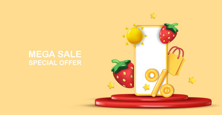 Summer sale vector banner design with strawberries. Summer sale in white empty space for text with discount for seasonal sale.のイラスト素材