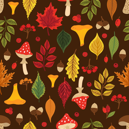 Seamless pattern with acorns, autumn leaves, mushrooms. Perfect for wallpaper, gift paper, pattern fill, autumn greeting cards.のイラスト素材
