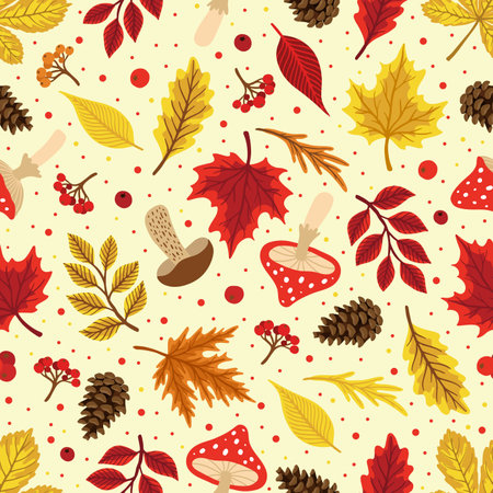 Vector colorful autumn seamless pattern with fall leaves, cone and mushrooms.のイラスト素材