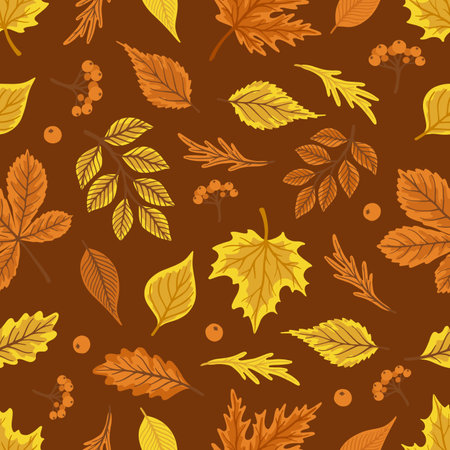 Seamless pattern with acorns, autumn leaves, mushrooms. Perfect for wallpaper, gift paper, pattern fill, autumn greeting cards.のイラスト素材