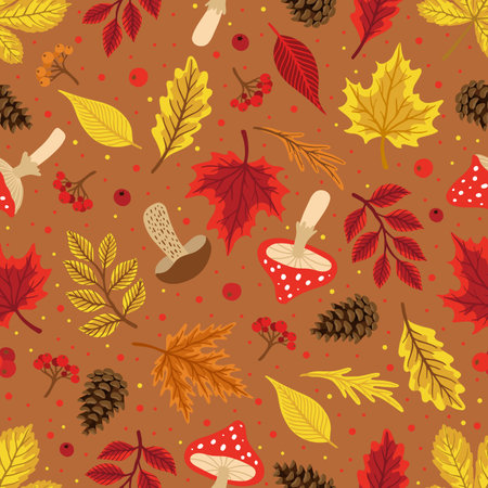 Seamless pattern with acorns, autumn leaves, mushrooms. Perfect for wallpaper, gift paper, pattern fill, autumn greeting cards.のイラスト素材