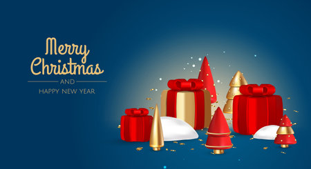 Merry Christmas and Happy New Year. Realistic gift boxes. Holiday banner, web poster, flyer, greeting card.のイラスト素材