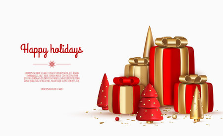 Christmas banner. Xmas background design with realistic box, christmas tree and golden confetti glitter. Greeting Cards.のイラスト素材