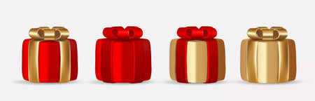3d gold and red gift boxes set with ribbon bow . Realistic holiday closed surprise box. Realistic vector icon for present, birthday or wedding bannersのイラスト素材