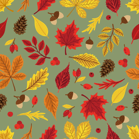 Autumn leaves pattern. Falling leaf seamless background with Oak, maple, chestnut, linden, aspen, walnut and rowan foliage.のイラスト素材
