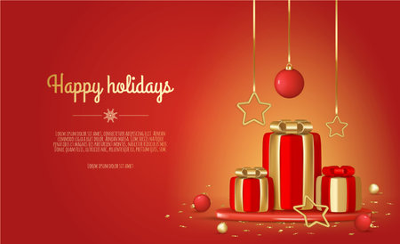 Christmas banner. Background christmas design with realistic gift box, shiny golden confetti. Horizontal New Years poster, greeting card, hat, website.のイラスト素材