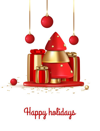 Christmas and New Year background. Xmas background with Christmas tree, gifts, balls, snowflakes. Greeting card, banner, posterのイラスト素材