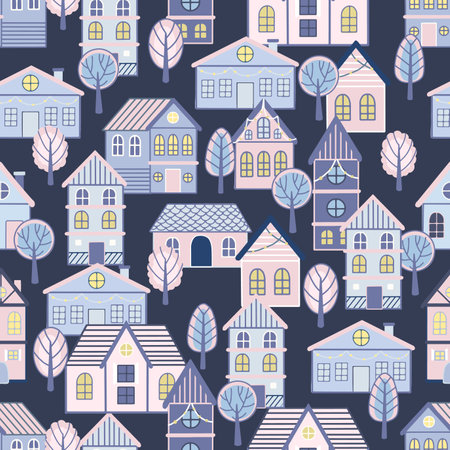 Vector Seamless pattern with hand drawn tree and house. Great for fabric, textile vector illustrationのイラスト素材