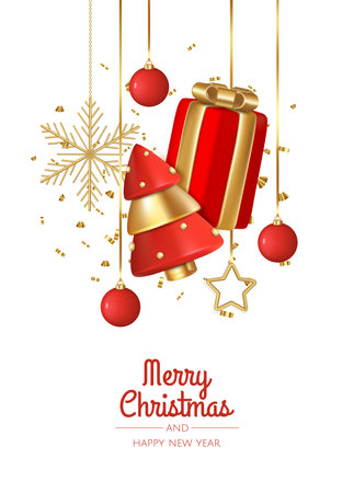 Christmas background. Design with realistic Christmas tree, gift box, snowflakes, balls. Festive compositionのイラスト素材