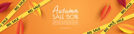 Autumn sale background, banner, poster or flyer. Vector illustration with colorful leaves. Template for banner, web poster, flyer, greeting card.のイラスト素材
