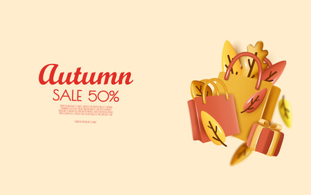 Autumn sale background with leaves, shopping bag, gift box, percent symbol. 3D illustrationのイラスト素材
