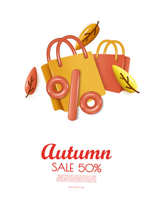 Autumn sale background with percent symbol, orange leaves, shopping bag, copy space text. 3D vector illustrationのイラスト素材