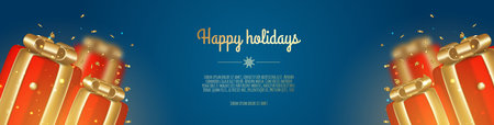 Christmas banner. Background christmas design with realistic gift box, shiny golden confetti.のイラスト素材
