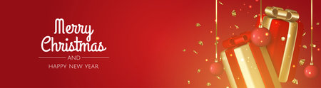 Christmas banner. Background christmas design with realistic gift box, shiny golden confetti. Horizontal New Years poster, greeting card, hat, website.のイラスト素材