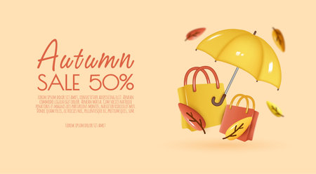 Autumn sale flyer template. Bright fall leaves with umbrella, shopping bag. Poster, card, label, banner design. 3D vector illustration.のイラスト素材