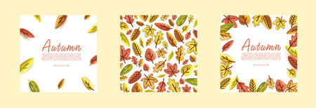 Set of colorful autumn posters with bright beautiful leaves frame, 3d style. Template for advertising, web, social mediaのイラスト素材