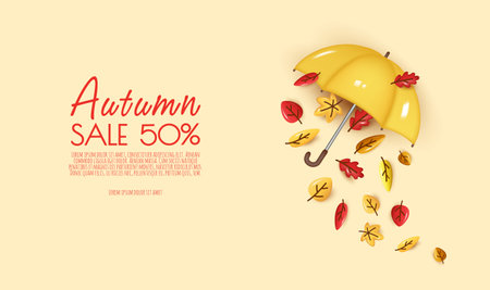 Autumn sale flyer template. Bright fall leaves with umbrella. Poster, card, label, banner design. Bright Autumn background.のイラスト素材