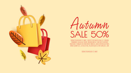 Autumn sale banner template with realistic shopping bag and autumn leaves. Vector illustration.のイラスト素材