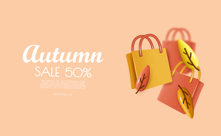 Autumn sale banner template with realistic shopping bag and autumn leaves. Vector illustration.のイラスト素材