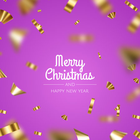 Falling shiny golden confetti isolated on violet background. Bright festive tinsel of gold color.のイラスト素材