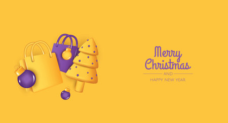 Happy New Year and Merry Christmas. Christmas holiday background with realistic 3d object, christmas balls, conical christmasl tree. Levitation falling design compositionのイラスト素材