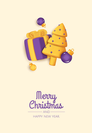 Merry Christmas and Happy New Year. Xmas Festive background with realistic 3d balls, gift and chrisrmas tree.のイラスト素材