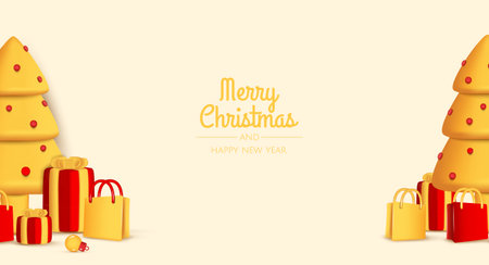 Happy New Year. Christmas background design, Christmas trees, decorative balls. Festive gift card, holiday poster, web banner, website header.のイラスト素材